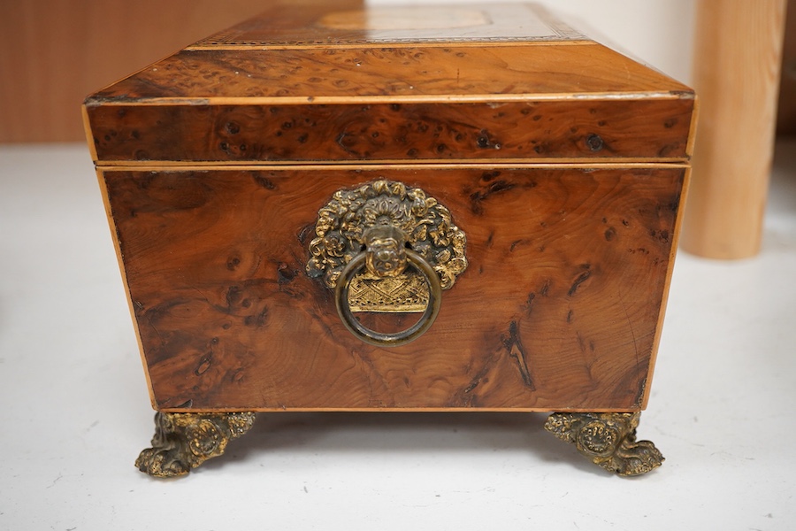 A Regency inlaid burr yew sarcophagus work box, 22cm